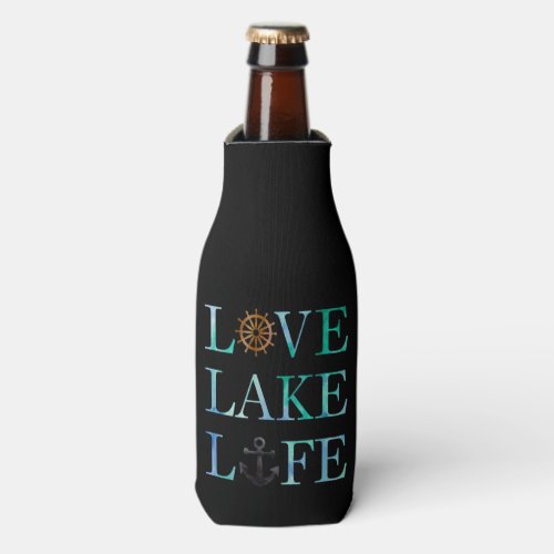 Love Lake Life Nautical Watercolor Typography Bottle Cooler