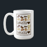Love Lancaster, PA Pennsylvania Dutch Amish Foods Coffee Mug<br><div class="desc">Illustration features classic Amish and Pennsylvania Dutch food favorites including: whoopie pies, chicken pot pie, soft pretzels, gingersnap cookies, chow chow relish, apple butter, shoo fly pie, and apple dumplings. Great for your favorite foodie, or any fan of PA Dutch cuisine! This Amish food design is also available on other...</div>