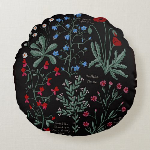 Love language of flowers black botanical round pillow