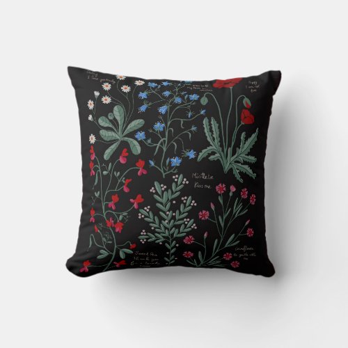 Love language of flowers black botanical throw pillow