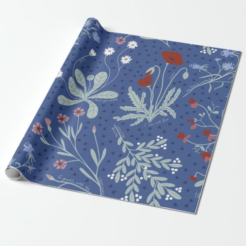 Love language of flowers cute blue pattern wrapping paper
