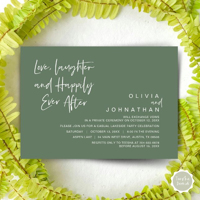 Love, Laughter and Happily ever after, Elopement I Invitation (Love, Laughter and Happily Ever After, Wedding Elopement Dinner Invitation Card, in Sage Green)