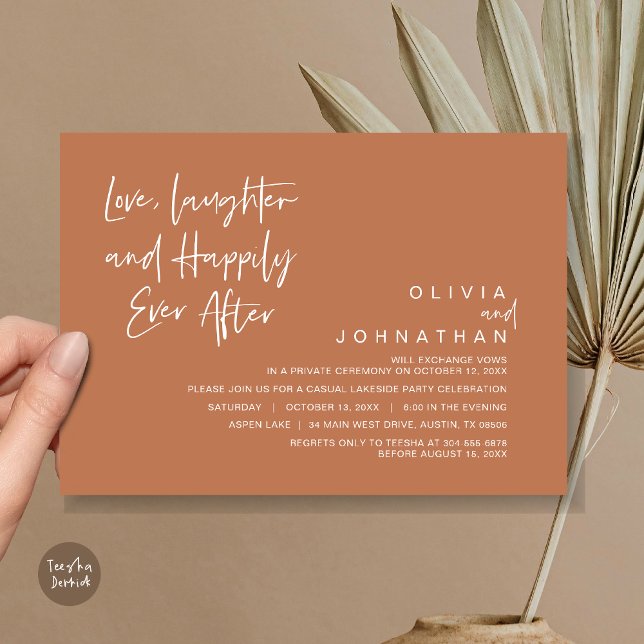 Love, Laughter and Happily ever after, Elopement I Invitation (Love, Laughter and Happily Ever After, Wedding Elopement Dinner Invitation Card, in Copper Brown)