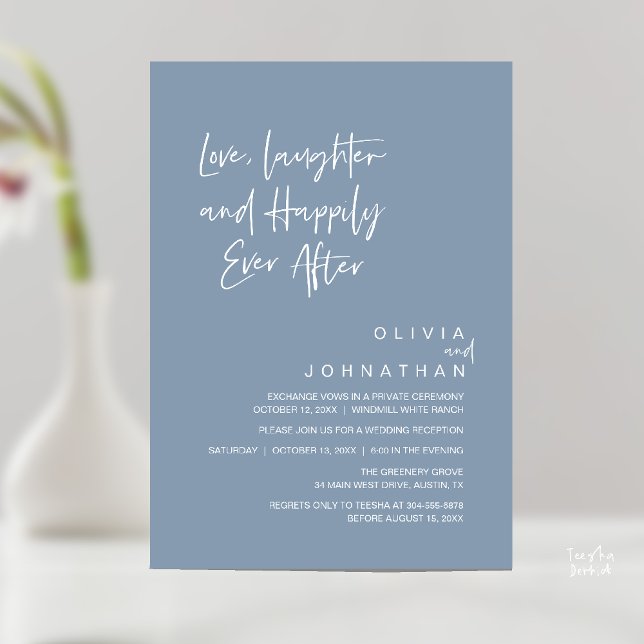 Love, Laughter and Happily Ever After, Modern Invitation (Love, Laughter and Happily Ever After, Modern Boho Wedding Invitation Card PDF Dusty Blue)