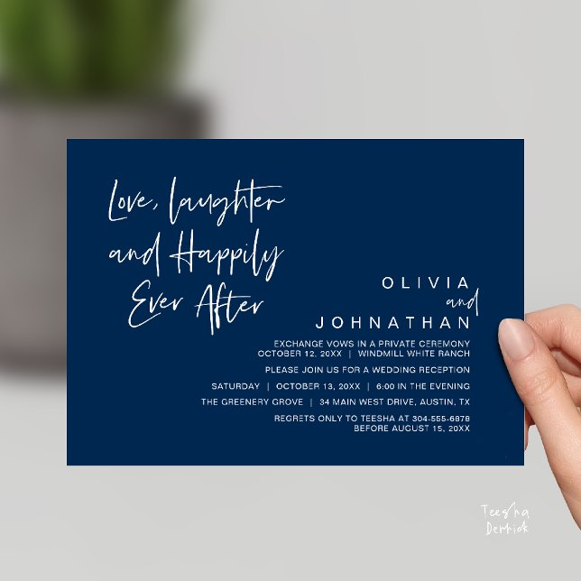 Love, Laughter and Happily Ever After, Modern Invitation (Love, Laughter and Happily Ever After, Modern Boho Wedding Invites Card PDF Navy Blue)