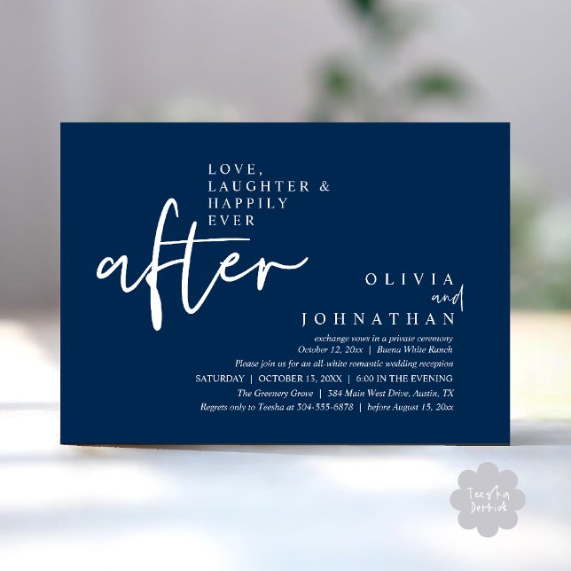 Love, Laughter And Happily Ever After Reception Invitation (Love, Laughter And Happily Ever After Reception Modern Minimalist Invitation Card PDF Navy Blue)