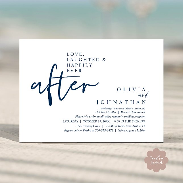 Love, Laughter And Happily Ever After Reception Invitation (Love, Laughter And Happily Ever After Reception Modern Minimalist Invitation Card PDF Navy Blue)