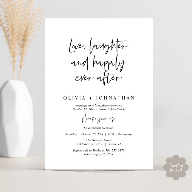 Love, Laughter And Happily Ever After Reception Invitation (Love, Laughter And Happily Ever After Reception Modern Minimalist Invitation Card PDF Black White)
