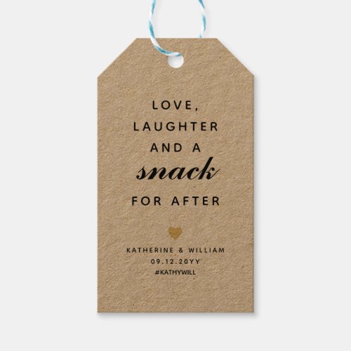 Love laughter and snack for after wedding favor gift tags