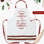 Love, Laughter and -Your Name- Christmas Cookies Apron<br><div class="desc">Attractive festive white Holiday apron with fun phrase "All you need is Love, laughter and -your name- Christmas Cookies" Have fun personalizing this design, add your name, family name, business name or even grandma or any way you like!. Phrase in a mixture of hand written calligraphy and block red typography....</div>