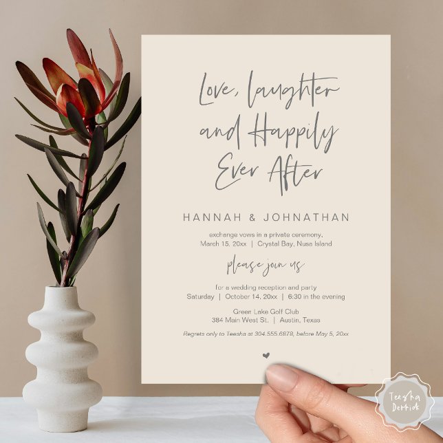 Love, Laughter, Black, Wedding Elopement Party Invitation (Love Laughter Happily Ever After Wedding Elopement Dinner Party Invitation Card, PDF, Cream Grey)