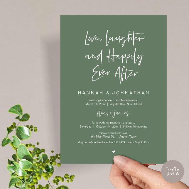Love, Laughter, Black, Wedding Elopement Party Invitation (Love Laughter Happily Ever After Wedding Elopement Dinner Party Invitation Card, PDF, Sage Green)