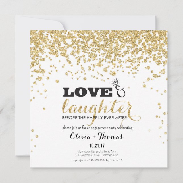 Love & Laughter Gold Glitter Engagement Invite (Front)