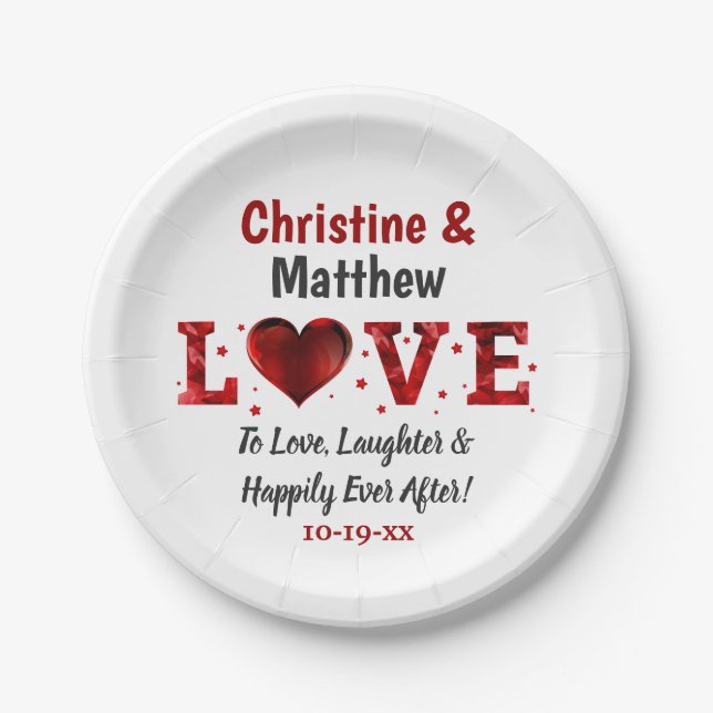 Love Laughter Happily Ever After Red Wedding Paper Plates (Front)