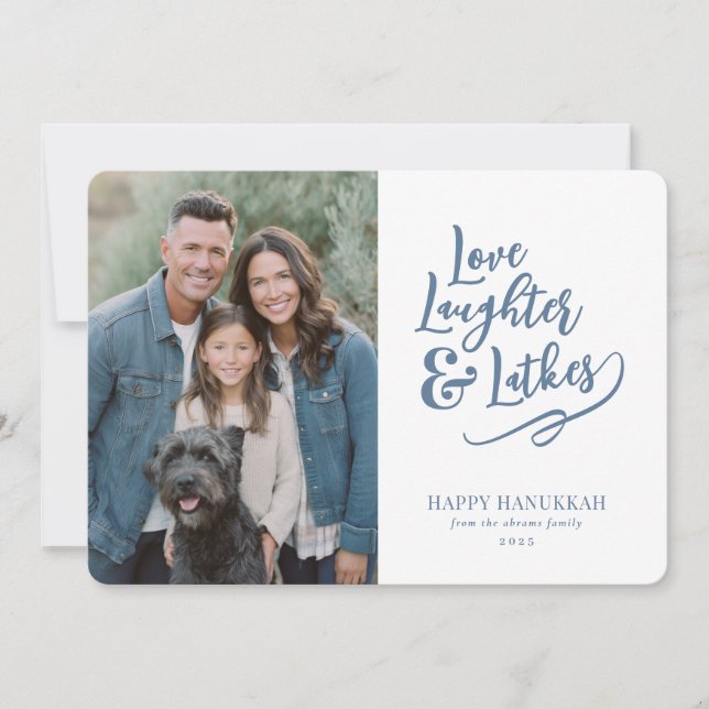 Love Laughter Latkes Hanukkah Photo Holiday Card (Front)