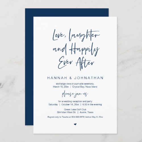 Love Laughter Navy Blue Wedding Elopement Party Invitation