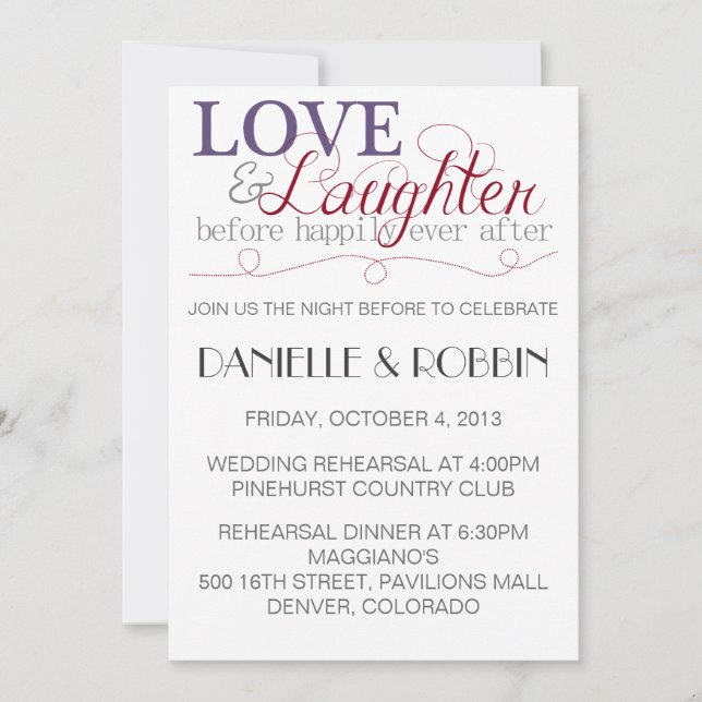 Love & Laughter Rehearsal Invitation (Front)