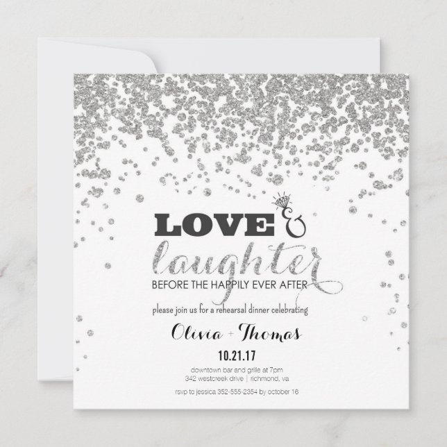 Love & Laughter Silver Glitter Rehearsal Invite (Front)
