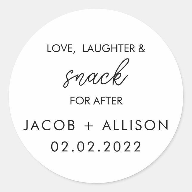 Love Laughter & snack  elegant wedding favor Classic Round Sticker (Front)