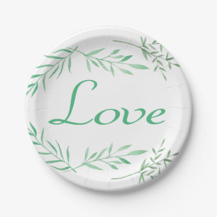 Love Laurel Leaf Green Watercolor Leaves Wedding Paper Plates