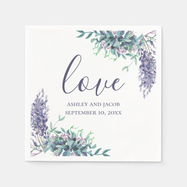 Love. Lavender purple flowers. Floral wedding Napkins (Front)