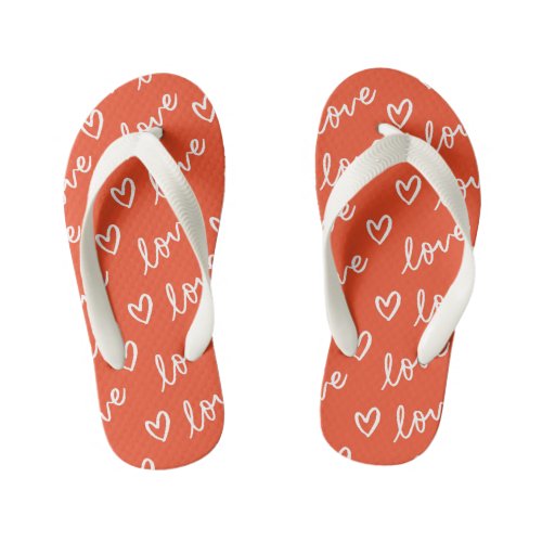 Love lettering  hearts drawing in red background kids flip flops