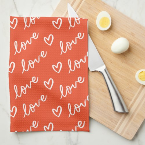 Love lettering  hearts drawing in red background kitchen towel