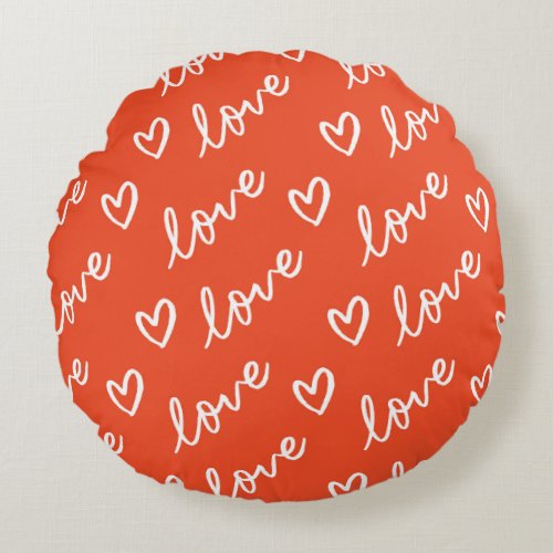 Love lettering  hearts drawing in red background round pillow