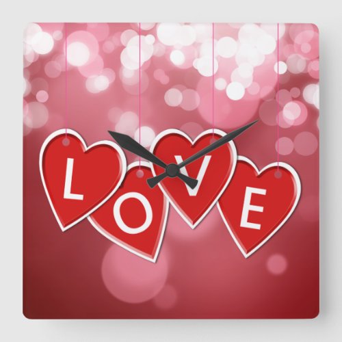 Love Lettering Red Hearts Square Wall Clock