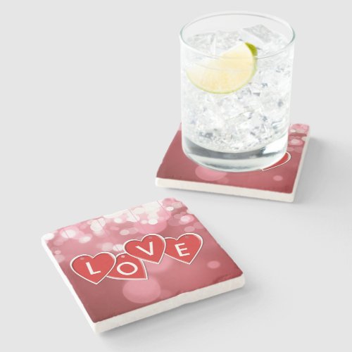 Love Lettering Red Hearts Stone Coaster