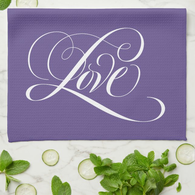 LOVE Lettering Ultra Violet Purple Calligraphy Kitchen Towel (Folded)