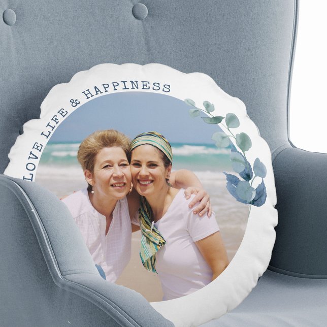 Love Life and Happiness Eucalyptus Leaves Photo Round Pillow (Creator Uploaded)