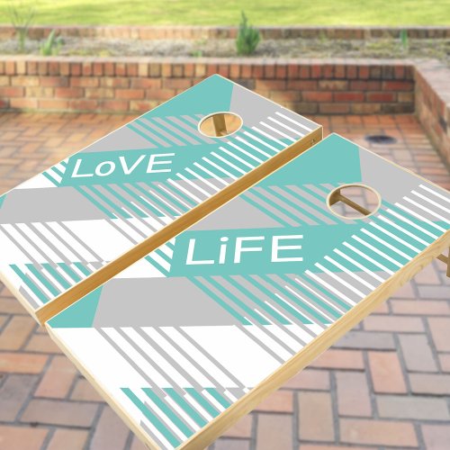 Love Life Teal Grey White Geometric Pattern Cornhole Set