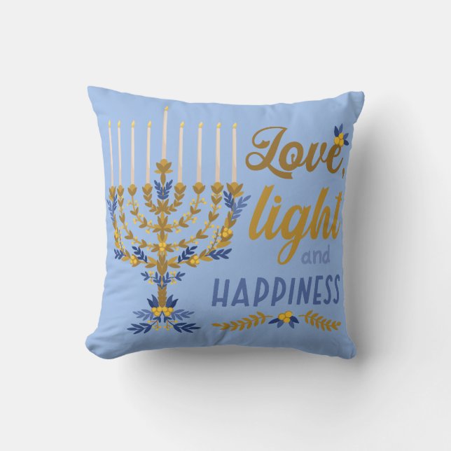 Love, Light and Happiness Hanukkah Throw Pillow (Front)