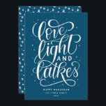 Love Light and Latkes Hanukkah Holiday Card<br><div class="desc">This festive flat holiday card features the phrase "love light and latkes" hand lettered in script. The back of the card has a coordinating pattern but can also be used to add a photo or personal message.</div>