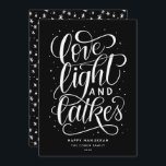 Love Light and Latkes on Black Hanukkah Holiday Card<br><div class="desc">This festive flat Hanukkah card features a black and white color scheme along with the hand lettered phrase "love light and latkes" written in script. The back of the card has a coordinating pattern but can also be used to add a photo or personal message.</div>
