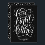 Love Light and Latkes on Black Hanukkah Holiday Card<br><div class="desc">This festive flat Hanukkah card features a black and white color scheme along with the hand lettered phrase "love light and latkes" written in script. The back of the card has a coordinating pattern but can also be used to add a photo or personal message.</div>