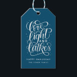 Love Light and Latkes on Blue Hanukkah Gift Tags<br><div class="desc">This festive blue and white Hanukkah themed gift tag has the words "love light and latkes" written in hand lettered script.</div>