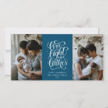 Love, Light and Latkes on Blue Two Photo Hanukkah Card<br><div class="desc">Send warm holiday greetings and feature two of your favorite photos with this modern Hanukkah card. This card has a blue and white color scheme. It features the words "love,  light and latkes" in a hand lettered script as well as space for two photos.</div>