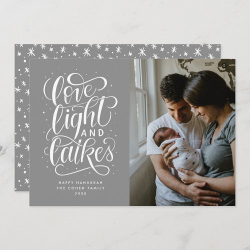 Love Light and Latkes on Grey Photo Hanukkah Holiday Card