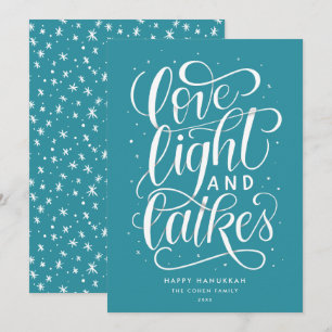 Love Light and Latkes on Teal Hanukkah Holiday Card