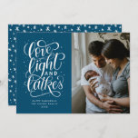 Love, Light and Latkes Photo Hanukkah Holiday Card<br><div class="desc">This modern single photo Hanukkah card features the hand lettered phrase "love,  light and latkes" and a fun hand drawn pattern on the back.</div>