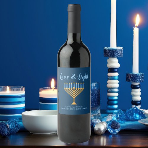 Love  Light Blue Gold Menorah Hanukkah Party Wine Label