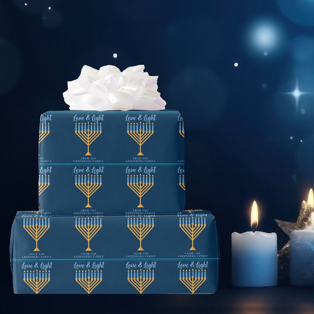 Love & Light Blue Gold Menorah Hanukkah Party Wrapping Paper (Creator Uploaded)