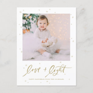 Love & Light Brush Lettering Gold Happy Hanukkah Holiday Postcard