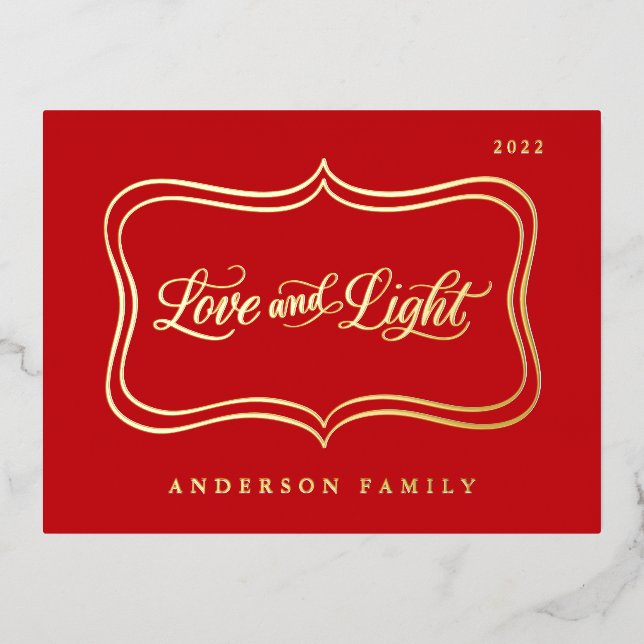 Love & Light Classic Gold Frame Foil Holiday Postcard (Front)