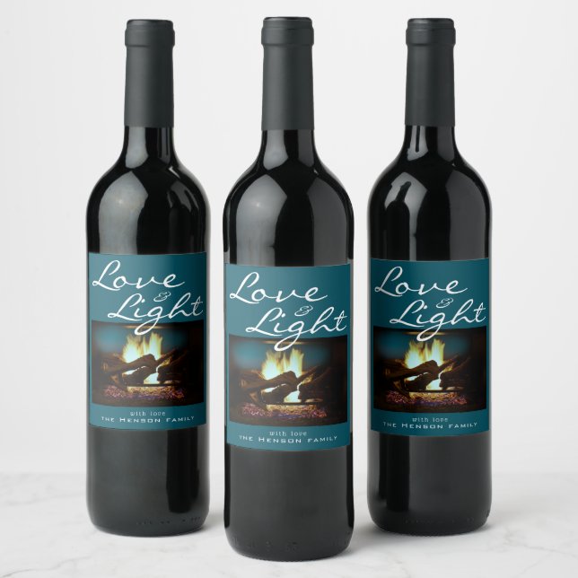 Love Light Cozy Fireplace Fire Christmas Photo Wine Label (Bottles)