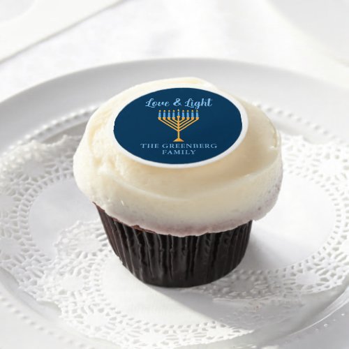 Love  Light Custom Blue Gold Hanukkah Menorah Edible Frosting Rounds