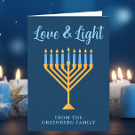 Love & Light Custom Blue Gold Hanukkah Menorah Holiday Card<br><div class="desc">Cute custom Love and Light Hanukkah folded card for a Jewish family or a Chanukah party with a synagogue. Personalize with your own last name or group information in blue under the pretty gold menorah.</div>