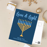 Love & Light Custom Blue Gold Hanukkah Menorah Postcard<br><div class="desc">Cute custom Love and Light Hanukkah postcard for a Jewish family or a Chanukah party with a synagogue. Personalize these pretty postcards with your own last name or group information in blue under the pretty gold menorah.</div>